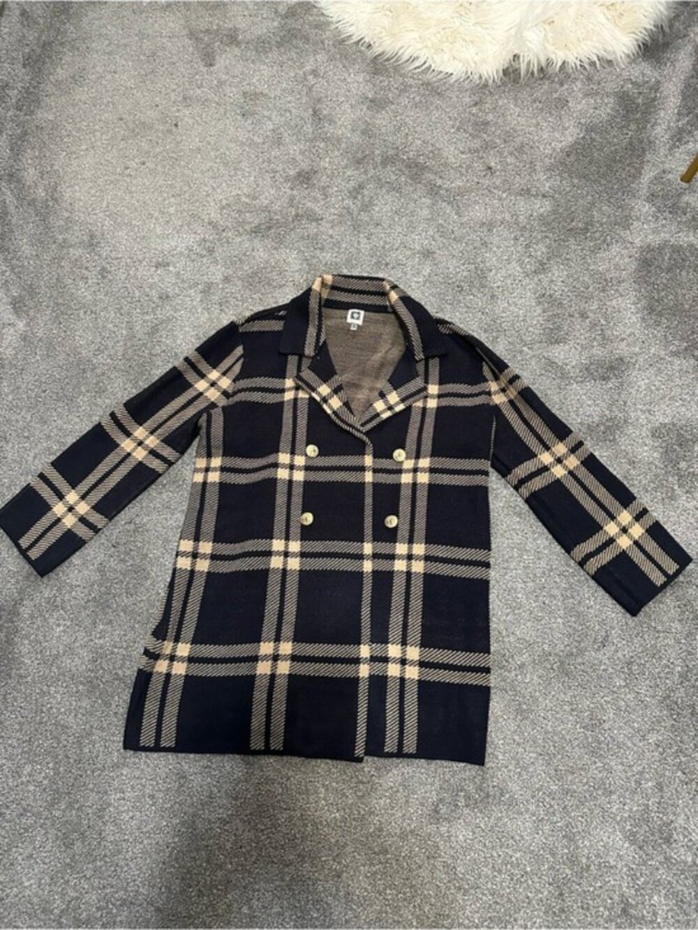 Anne Klein XL Plaid Cardigan Coat Navy Tan Gold Button Old Money Preppy Fall - Picture 5 of 13